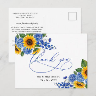 Royal Blue Floral Sunflowers Modern Thank You Postcard
