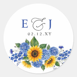 Royal Blue Floral Sunflowers Modern Wedding Classic Round Sticker
