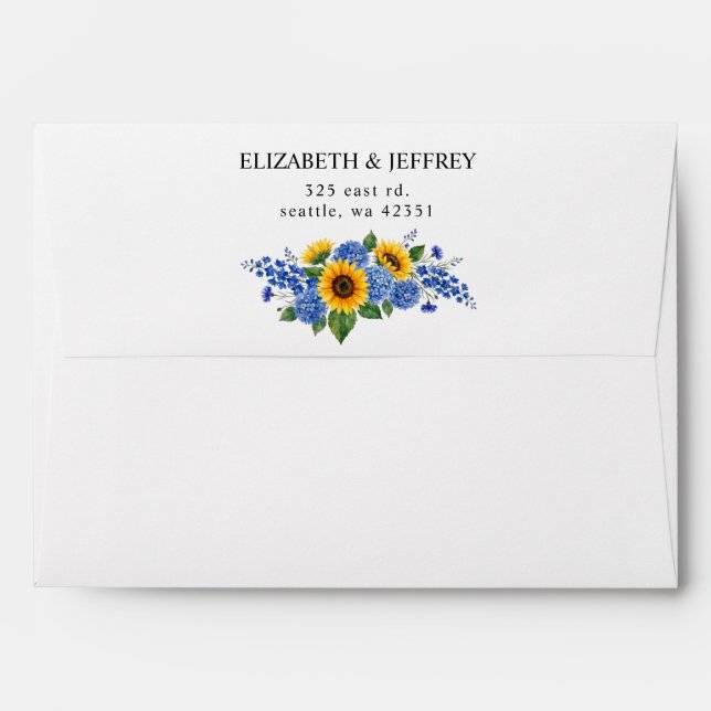 Royal Blue Floral Sunflowers Modern Wedding Envelope (Back (Top Flap))