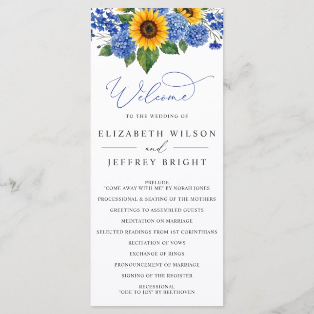 Royal Blue Floral Sunflowers Modern Wedding Programme (Front)