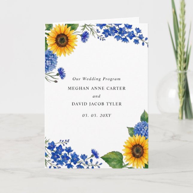 Royal Blue Floral Sunflowers Modern Wedding Programme (Front)
