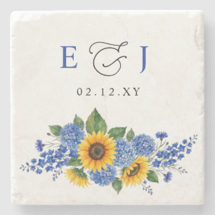 Royal Blue Floral Sunflowers Modern Wedding Stone Coaster