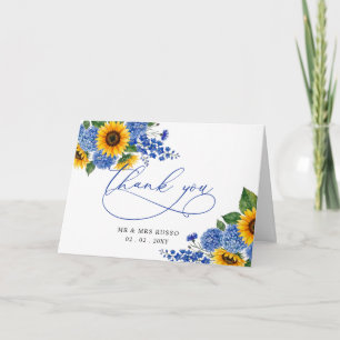 Royal Blue Floral Sunflowers Modern Wedding Thank You Card