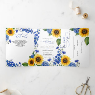 Royal Blue Floral Sunflowers Modern Wedding Tri-Fold Invitation