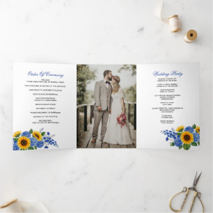 Royal Blue Floral Sunflowers Modern Wedding Tri-Fold Programme