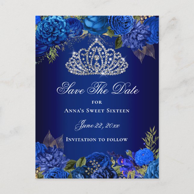 Royal Blue Floral Sweet Sixteen Save The Date Postcard (Front)