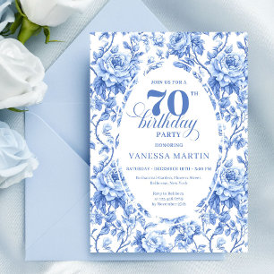 Royal Blue Floral Toile 70th Birthday Invitation