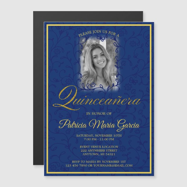 Royal blue floral vines photo quinceanera magnetic invitation (Front/Back)