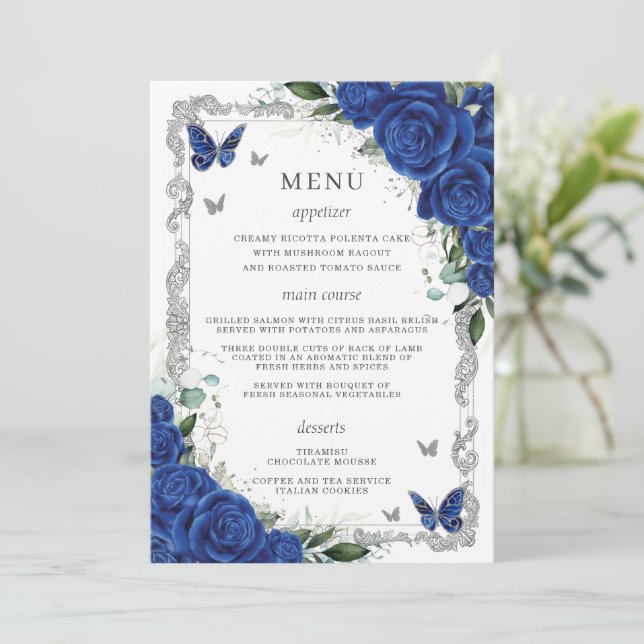 Royal Blue Floral Vintage Silver Quinceanera Menu (Standing Front)