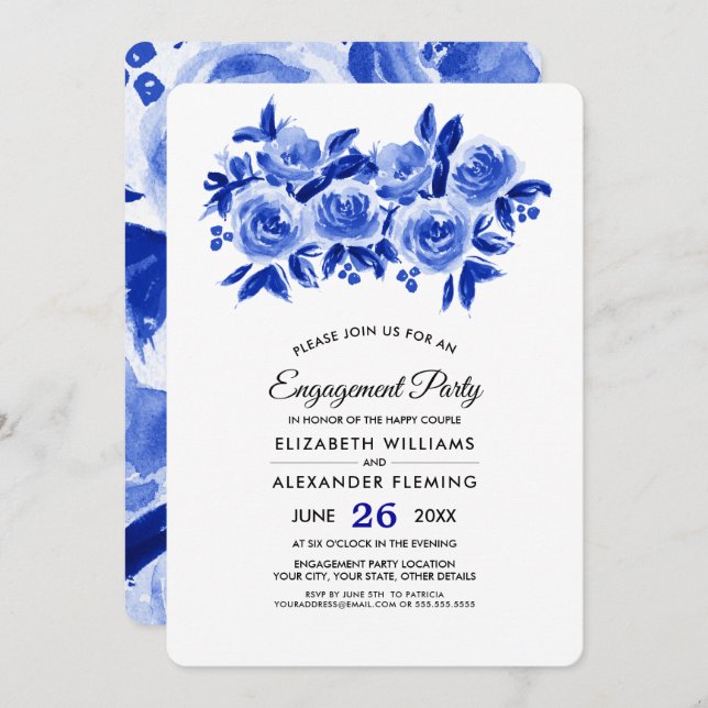 Royal Blue Floral Watercolor Engagement Party  Invitation (Front/Back)