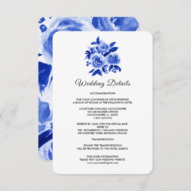 Royal Blue Floral Watercolor Wedding Details Cards (Front/Back)