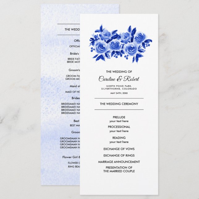 Royal Blue Floral Watercolor Wedding Program Programme (Front/Back)