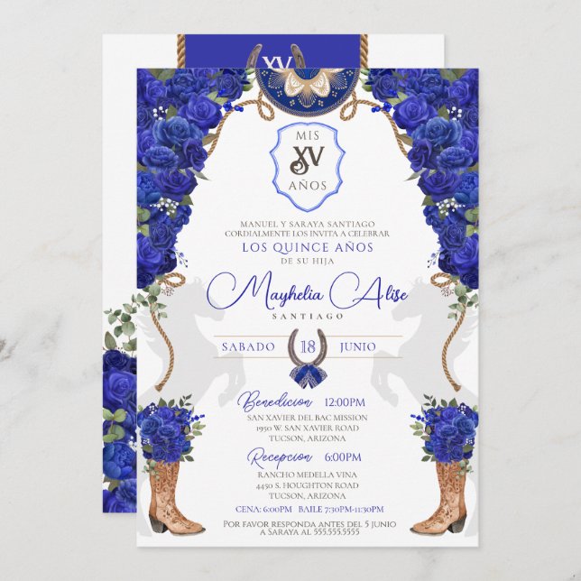 Royal Blue Floral Western Charro Quinceañera Invitation (Front/Back)