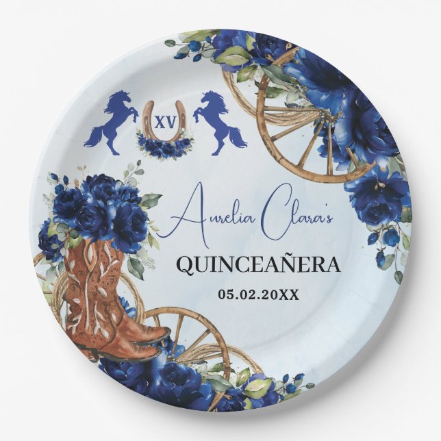 Royal Blue Floral Wild West Charro Quinceañera XV Paper Plate (Front)