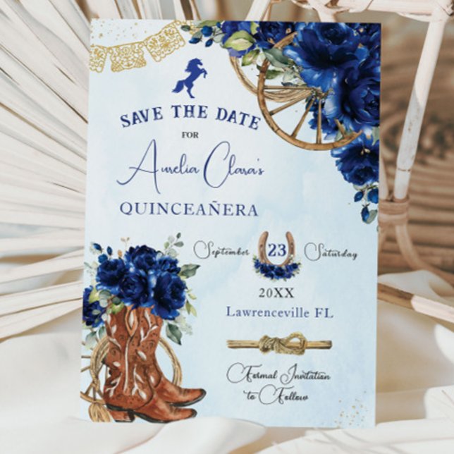 Royal Blue Floral Wild West Charro Quinceañera XV  Save The Date (Creator Uploaded)