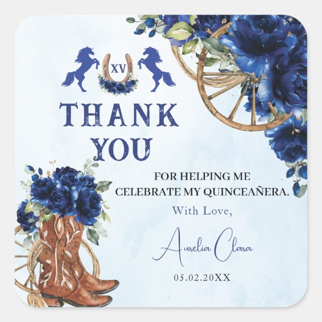 Royal Blue Floral Wild West Charro Quinceañera XV Square Sticker (Front)