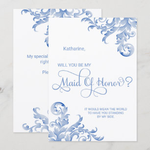 Royal Blue Flourish Will You Be My Maid of Honour Invitation
