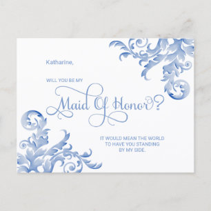 Royal Blue Flourish Will You Be My Maid Of Honour Invitation Postcard