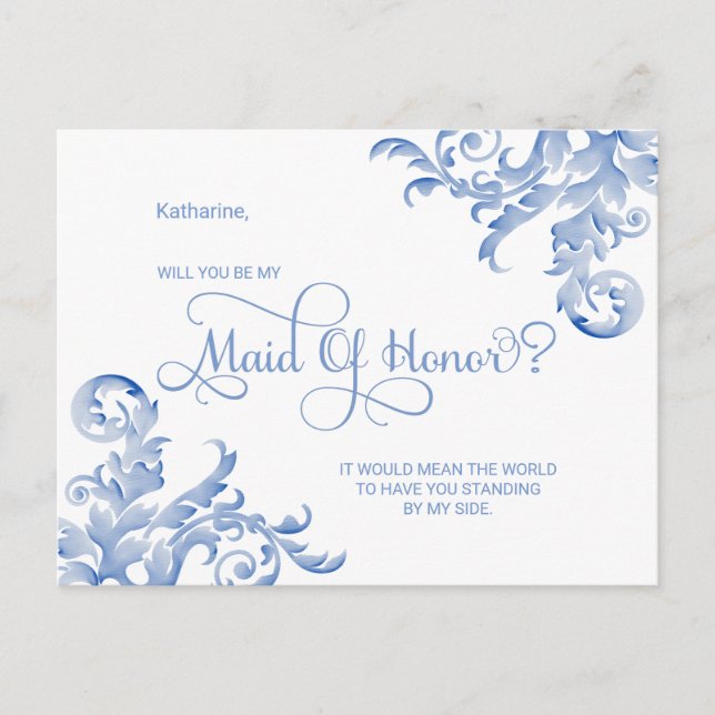 Royal Blue Flourish Will You Be My Maid Of Honour Invitation Postcard (Front)