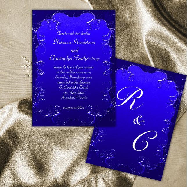 Royal Blue Flourishes Classic Elegant Wedding Invitation (Creator Uploaded)