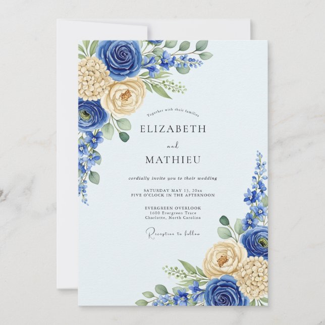 Royal Blue Flourishing Spring Wedding Invitation (Front)