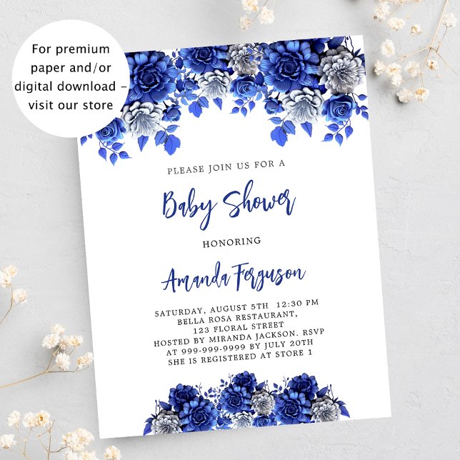 Royal blue flowers budget baby shower invitation (Creator Uploaded)