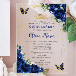 Royal Blue Flowers Floral Quinceañera Butterflies Acrylic Invitations