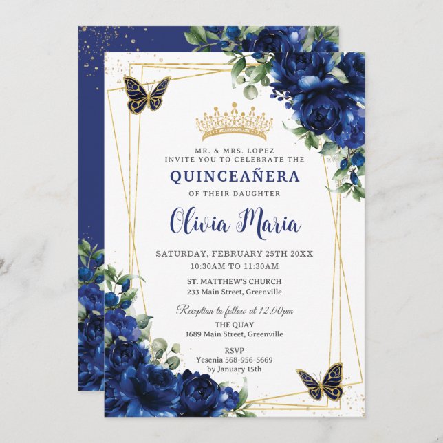 Royal Blue Flowers Floral Quinceañera Butterflies Invitation (Front/Back)