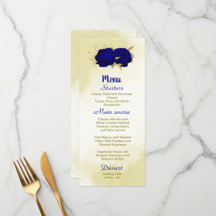Royal blue flowers gold botanical wedding menu