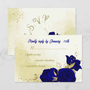 Royal blue flowers gold botanical wedding RSVP car Card
