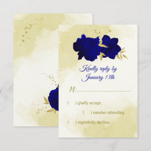 Royal blue flowers gold botanical wedding RSVP card