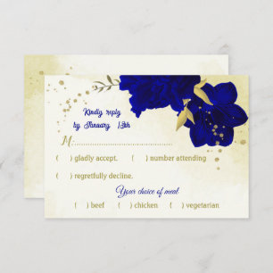 Royal blue flowers gold botanical wedding  RSVP card