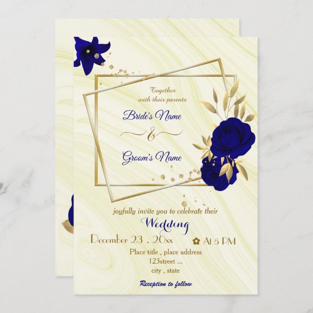 royal blue flowers gold geometric wedding invitation (Front/Back)
