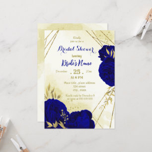 Royal blue flowers gold leaves bridal shower invitation