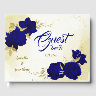Royal blue flowers gold leaves guest book
