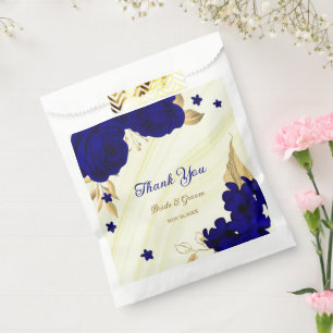 royal blue flowers gold leaves marble favour bags