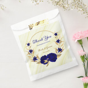 royal blue flowers gold leaves marble favour bags