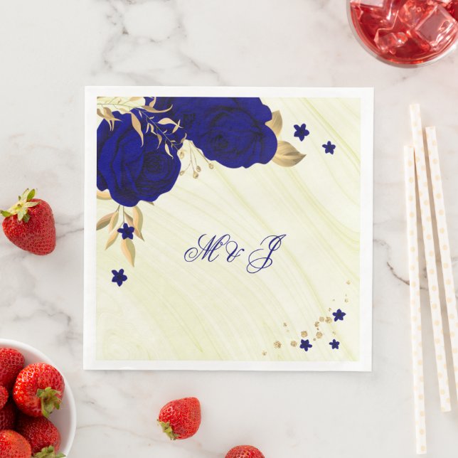 royal blue flowers gold leaves marble  napkin (Insitu)