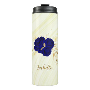 royal blue flowers gold leaves marble thermal tumbler