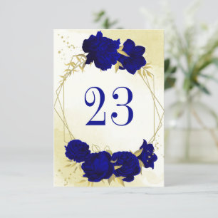 Royal blue flowers gold leaves table number