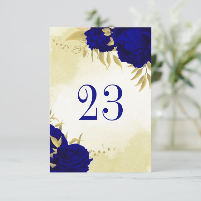 Royal blue flowers gold leaves table number (Standing Front)