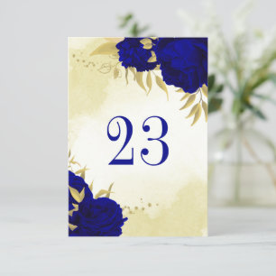 Royal blue flowers gold leaves table number