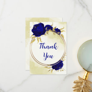 Royal blue flowers gold leaves thank you card