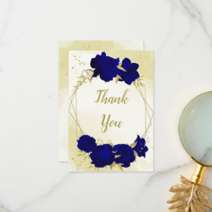 Royal blue flowers gold leaves thank you card