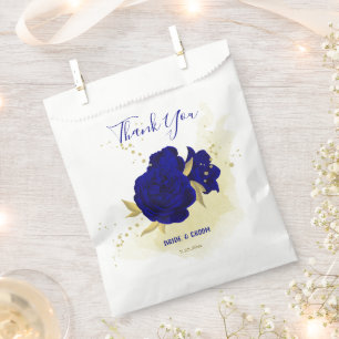Royal blue flowers gold leaves wedding favour bags