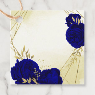 Royal blue flowers gold leaves wedding favour tags