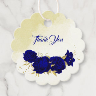 Royal blue flowers gold leaves wedding favour tags