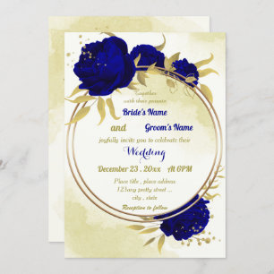 Royal blue flowers gold leaves wedding invitation