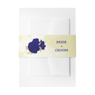 Royal blue flowers gold leaves wedding invitation belly band