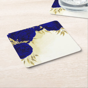 Royal blue flowers gold leaves wedding square paper coaster